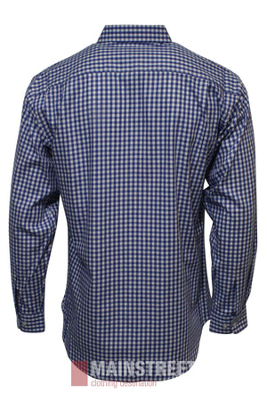 The Bisley Countryman Cotton Shirt, shown from the back, features long sleeves, a button-up front, blue and white checkered pattern, classic collar and cuffs, and a faint "Mainstreet" logo at the hem.