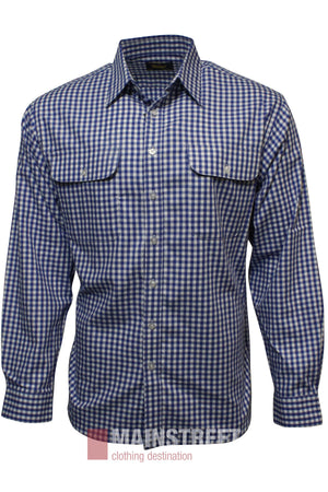 The Bisley Countryman Cotton Shirt is a long-sleeved, button-up shirt with blue and white checks, two front chest pockets, and a collar, shown on a plain white background.