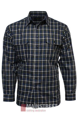 The Bisley Countryman Cotton Shirt is a long-sleeve, button-up shirt with blue, black, and white checkered patterns and two front chest pockets.