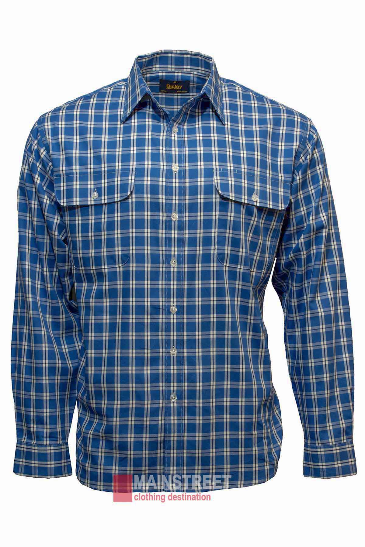 The Bisley Countryman Cotton Shirt is a long-sleeve, button-up shirt in blue, white, and yellow plaid, featuring two large chest pockets with buttoned flaps.