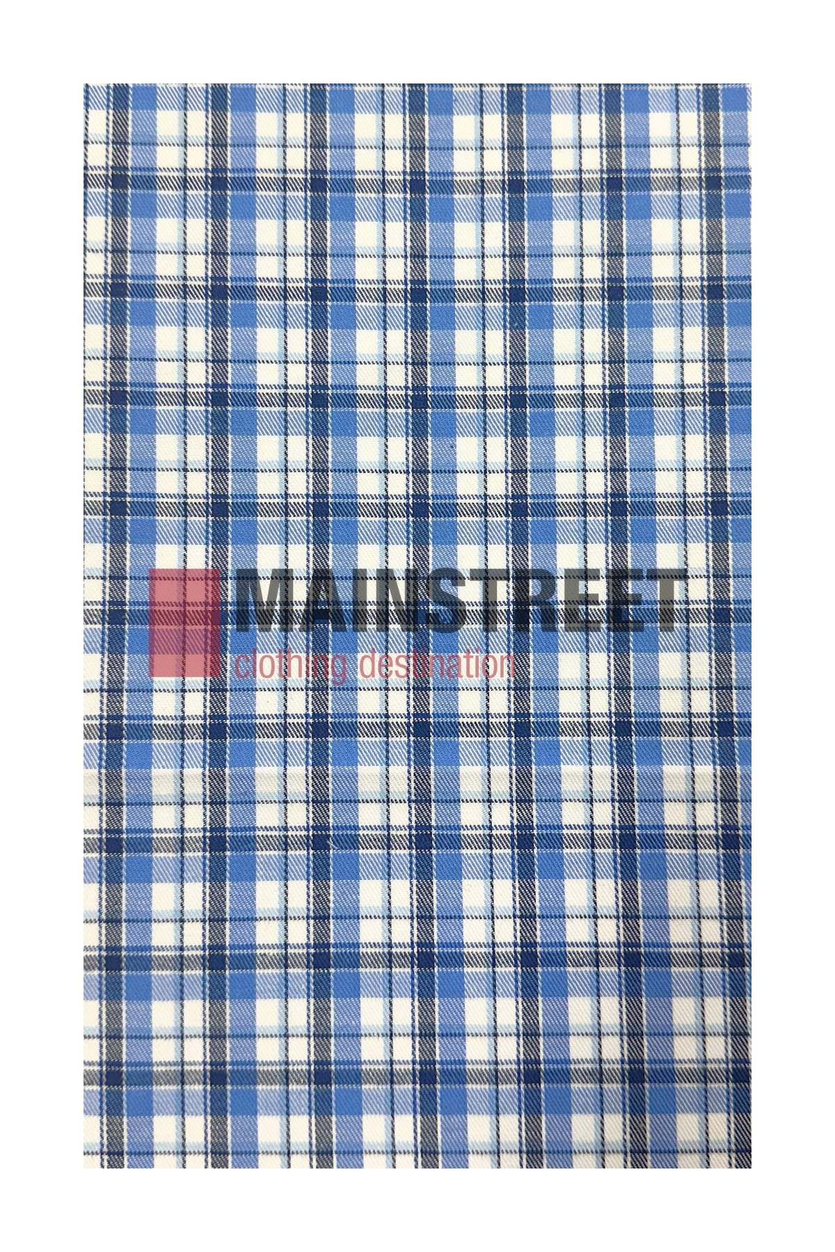 This Bisley Countryman Cotton Shirt features blue, white, and black plaid fabric with a woven check pattern and buttoned chest pockets. The MAINSTREET Clothing Destination logo is printed in black and red across the center.