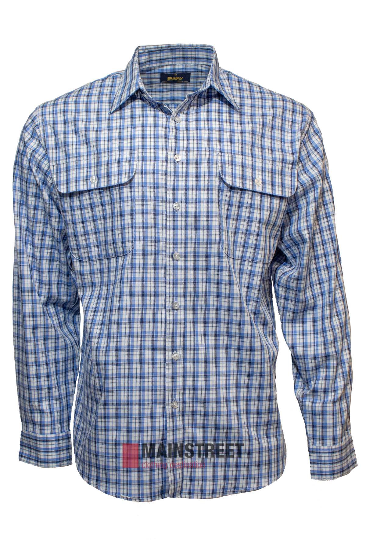 The Bisley Countryman Cotton Shirt is a long-sleeve, button-up shirt in blue, white, and gray plaid with buttoned chest pockets and flaps, shown on a plain white background.