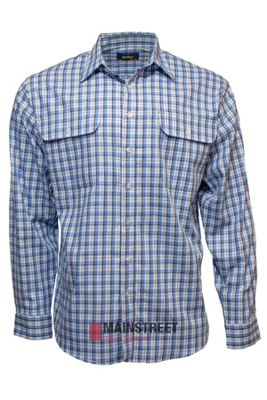 The Bisley Countryman Cotton Shirt is a long-sleeve, button-up shirt in blue, white, and gray plaid with buttoned chest pockets and flaps, shown on a plain white background.