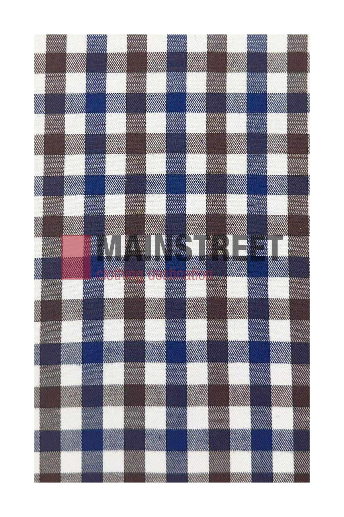 Blue, brown, and white plaid fabric with "MAINSTREET" and "couture couture couture" in gray and pink text, inspired by the Bisley Countryman Cotton Shirt’s classic style featuring buttoned chest pockets.