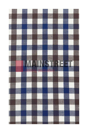 Blue, brown, and white plaid fabric with "MAINSTREET" and "couture couture couture" in gray and pink text, inspired by the Bisley Countryman Cotton Shirt’s classic style featuring buttoned chest pockets.