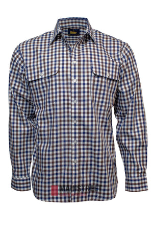 The Bisley Countryman Cotton Shirt is a long-sleeve button-up with blue, white, and brown plaid, chest pockets with flaps, and a classic collar, shown on a white background.