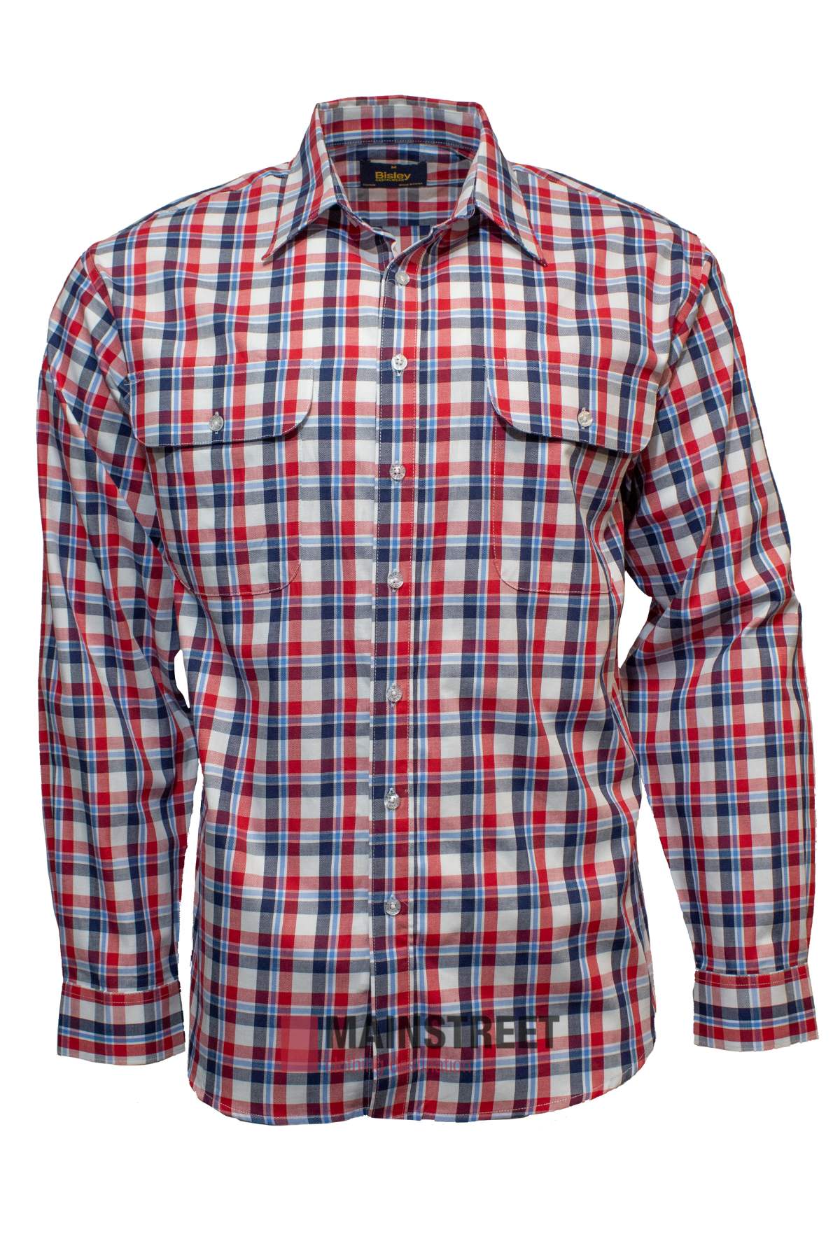 The Bisley Countryman Cotton Shirt features generous sizing, long sleeves, buttoned chest pockets, a collar, and a red, white, and blue plaid pattern. It is displayed on a plain white background.