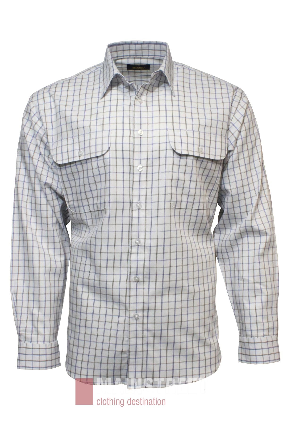 The Bisley Countryman Cotton Shirt is a long-sleeve, button-up with a white base and light blue and tan plaid. It features two large chest pockets with buttoned flaps and a pointed collar—ideal as a classic cotton work shirt.