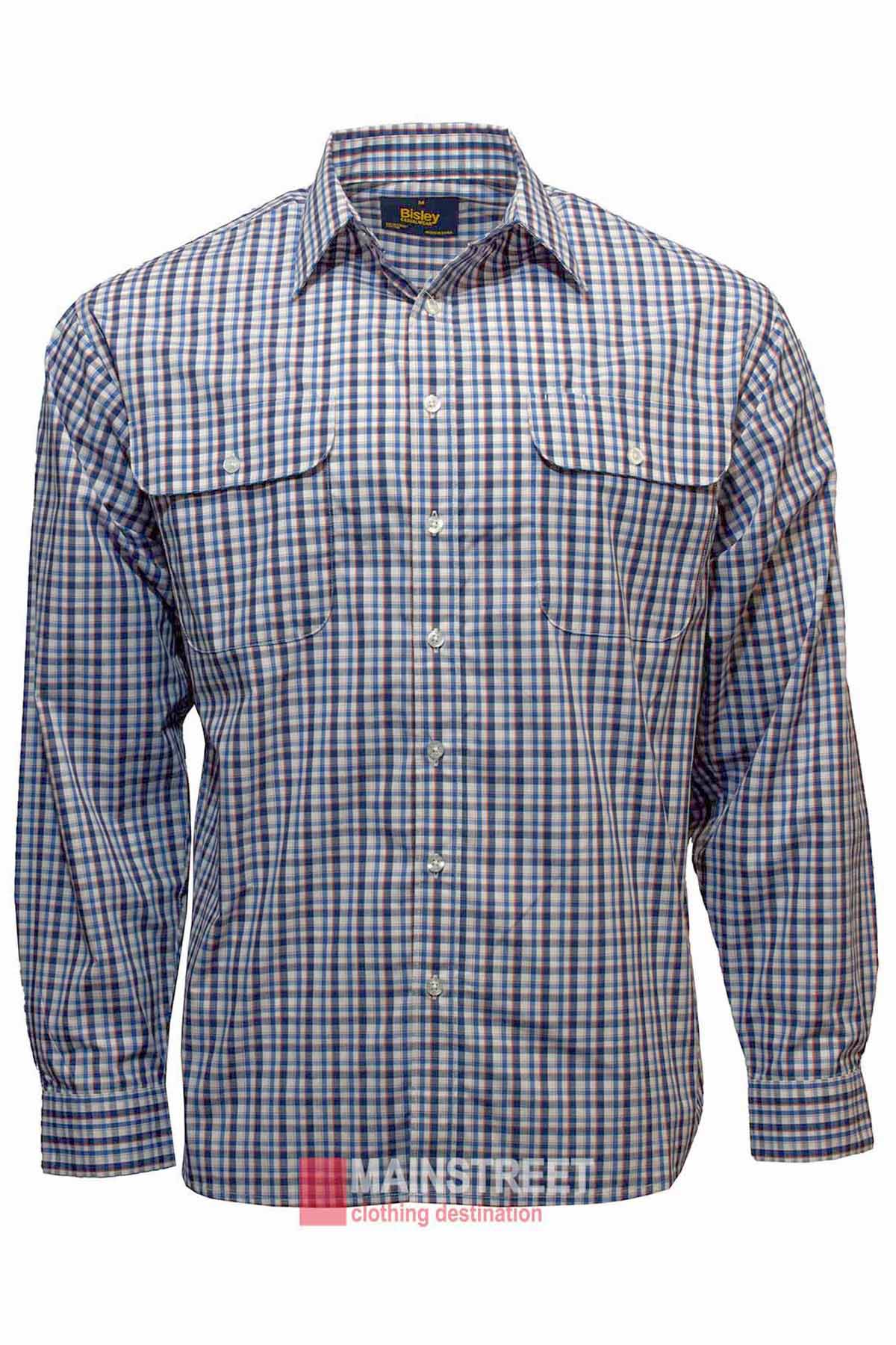 A Bisley Countryman Shirt with long sleeves and a button-up design, showcasing a blue, white, and red checkered pattern. This shirt includes two front chest pockets with button closures, a collar, and is made from a durable Polyester/Cotton blend. The Mainstreet Clothing Destination logo is partially visible at the bottom.
