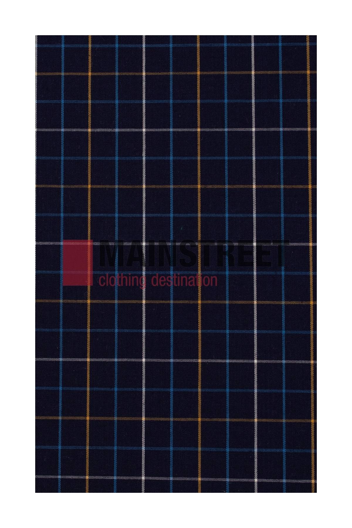 The Bisley Countryman Shirt features dark blue plaid fabric with thin intersecting white, blue, and yellow lines. "MAIN STREET clothing destination" is faintly printed in the center. Made from a polyester/cotton blend.