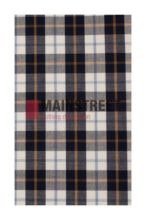 A fabric sample in plaid features navy, white, black, and brown lines like the Bisley Countryman Shirt. The Polyester/Cotton blend ensures durability and comfort with a faint "MAINSTREET clothing destination" display.