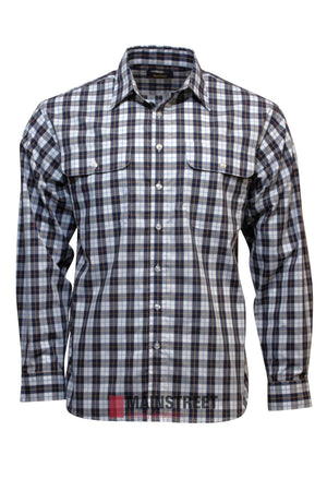 The Bisley Countryman Shirt is a long-sleeve, generously sized plaid shirt featuring black, white, and gray squares. Made from a durable Polyester/Cotton blend, it includes two chest pockets and a button-down front for comfort.