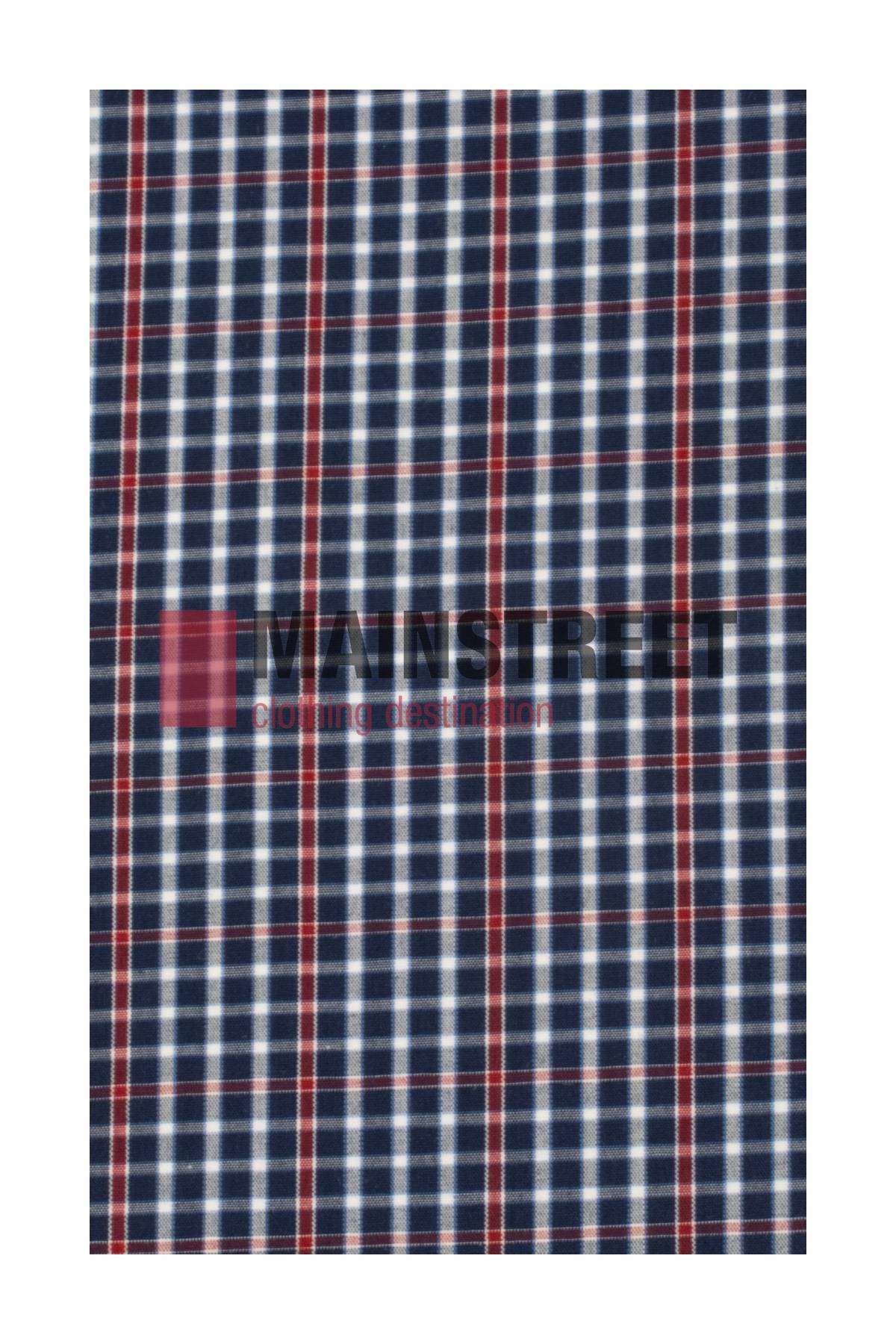 The Bisley Countryman Shirt features a plaid pattern with navy blue, white, and red stripes. The text "MAINSTREET clothing destination" subtly appears over it, crafted from a comfortable polyester/cotton blend showcasing Bisley's dedication to quality and style.
