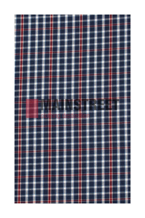 The Bisley Countryman Shirt features a plaid pattern with navy blue, white, and red stripes. The text "MAINSTREET clothing destination" subtly appears over it, crafted from a comfortable polyester/cotton blend showcasing Bisley's dedication to quality and style.