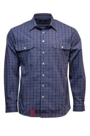 The Bisley Countryman Shirt showcases a blue, red, and white checkered pattern on a long-sleeve button-up design. Crafted from a durable polyester/cotton blend, it features two chest pockets with buttoned flaps against a plain white background.
