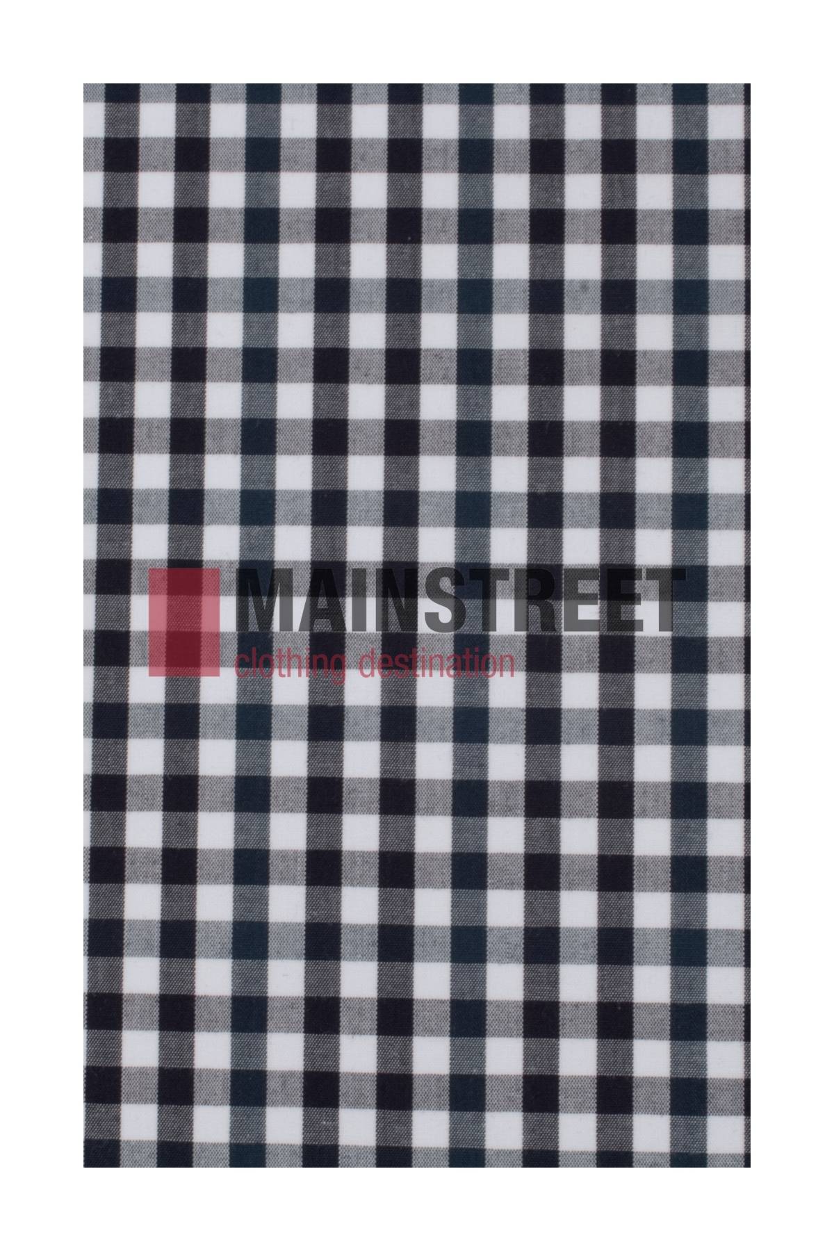 A black and white gingham checkered pattern, inspired by the Bisley Countryman Shirt in a durable polyester/cotton blend, with "MAINSTREET clothing destination" partially visible over the pattern.