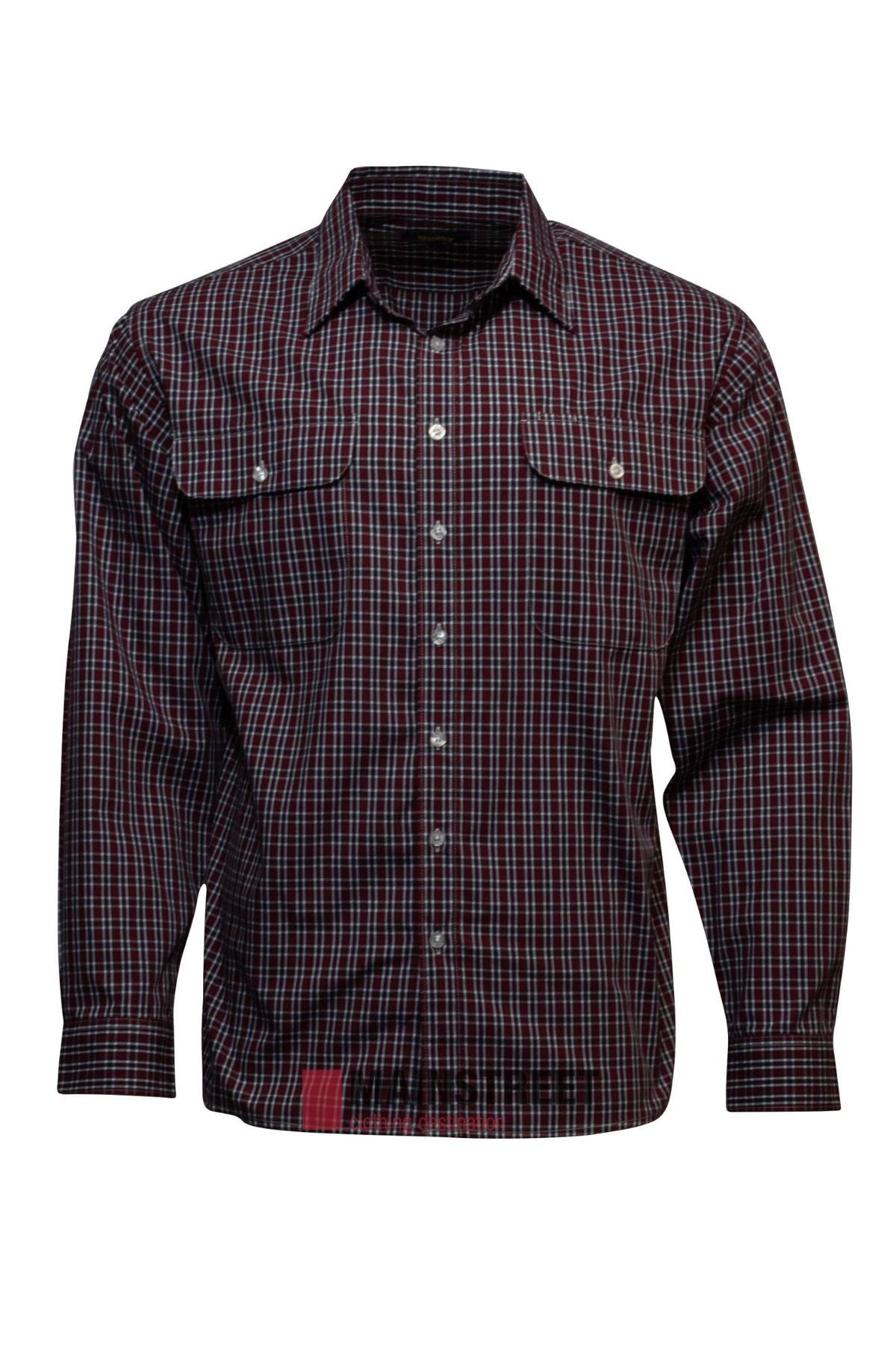 The Bisley Countryman Shirt is a long-sleeve, collared shirt with black, red, and white plaid, two chest pockets with button flaps, made from a durable polyester/cotton blend.