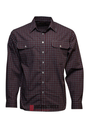 The Bisley Countryman Shirt is a long-sleeve, collared shirt with black, red, and white plaid, two chest pockets with button flaps, made from a durable polyester/cotton blend.