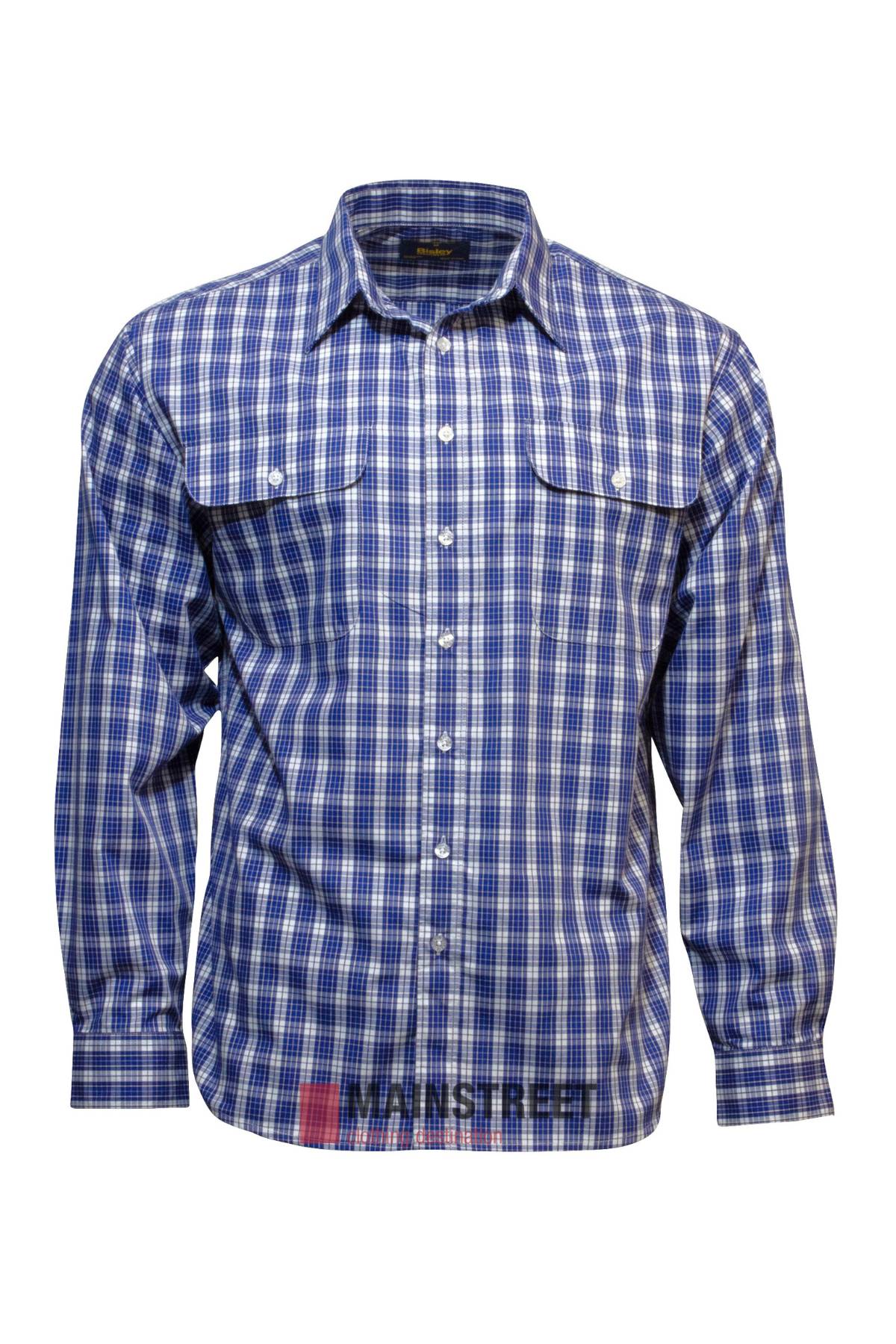 The Bisley Countryman Shirt is a men's long-sleeve, button-up shirt in blue, white, and black plaid made from a durable polyester/cotton blend with two chest pockets featuring button flaps.