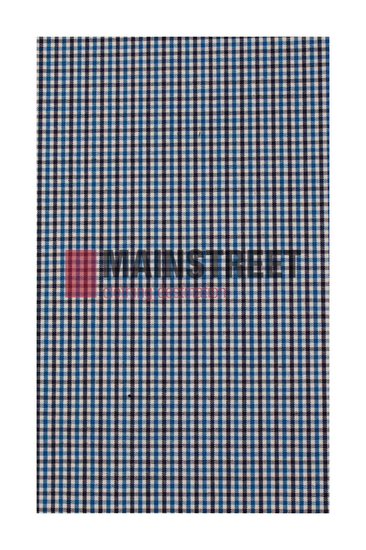 The fabric features a checker pattern of blue, black, and white squares like the Bisley Countryman Shirt. A translucent red square with blurred text appears as a watermark, enhancing the buttoned chest pockets made from a Polyester/Cotton blend.
