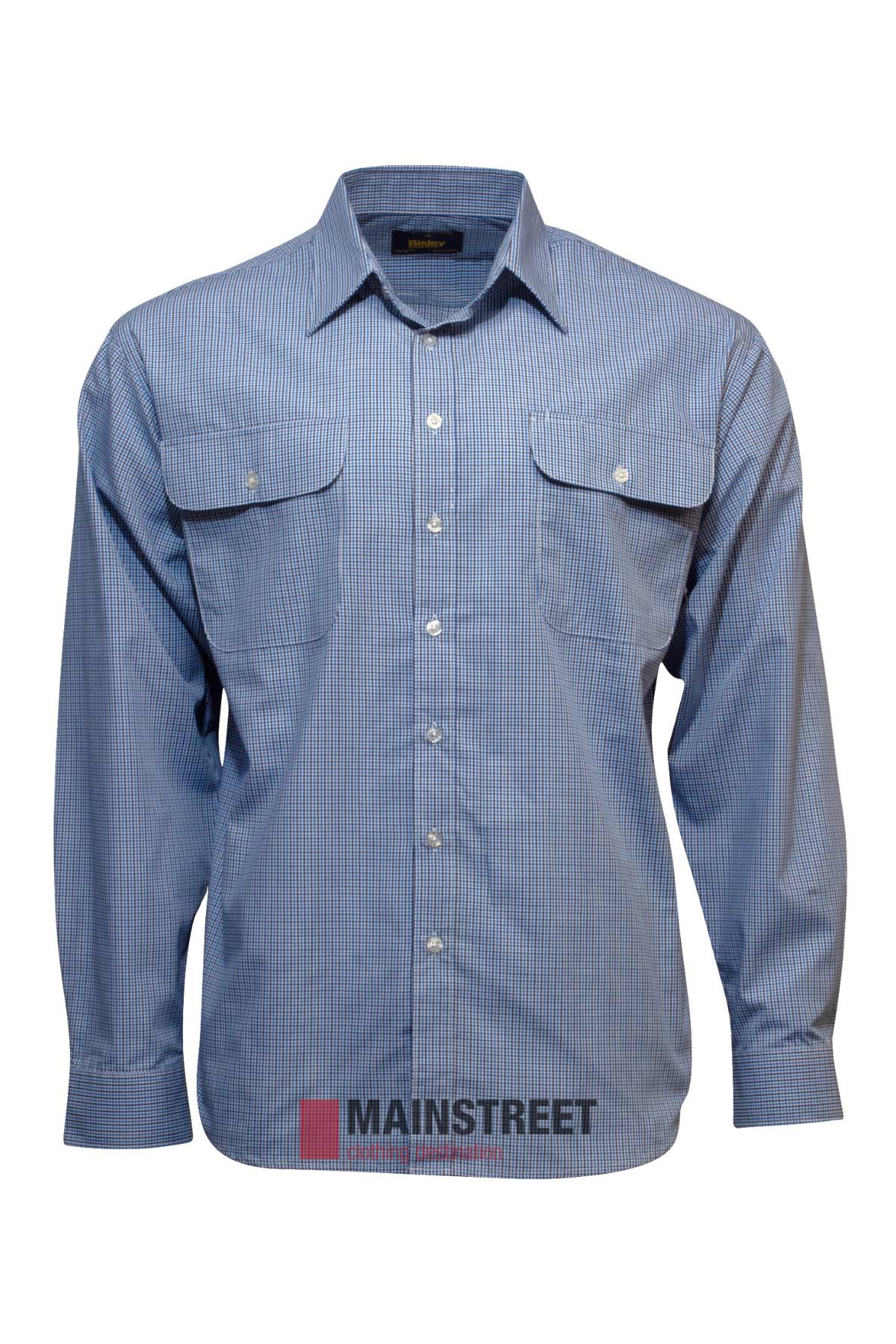 The Bisley Countryman Shirt is a blue checkered long-sleeve crafted from a polyester/cotton blend. It features buttoned chest pockets, a classic collar, and white buttons for timeless appeal, all displayed on a white background.