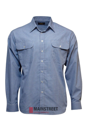 The Bisley Countryman Shirt is a blue checkered long-sleeve crafted from a polyester/cotton blend. It features buttoned chest pockets, a classic collar, and white buttons for timeless appeal, all displayed on a white background.