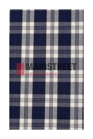 A blue, white, and black plaid pattern with intersecting lines features a central transparent "MAINSTREET clothing destination" logo—crafted from a durable Polyester/Cotton blend inspired by Bisley Countryman Shirt styles.