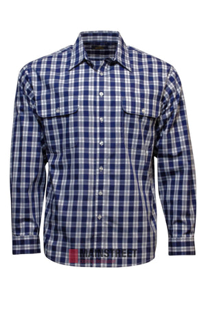The Bisley Countryman Shirt, shown on a white background, features blue and white plaid, long sleeves, front chest pockets, a collar, and is made from a durable polyester/cotton blend.