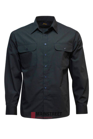 The Bisley Countryman Shirt is a long-sleeved, dark checkered shirt with front flap pockets, crafted from a durable polyester/cotton blend and displayed against a plain white background.
