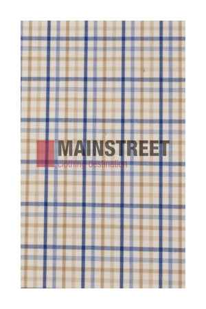 A plaid pattern with blue, beige, and white squares displays "MAINSTREET clothing destination" in black and red font, reminiscent of the classic Bisley Countryman Shirt made from a quality polyester/cotton blend.