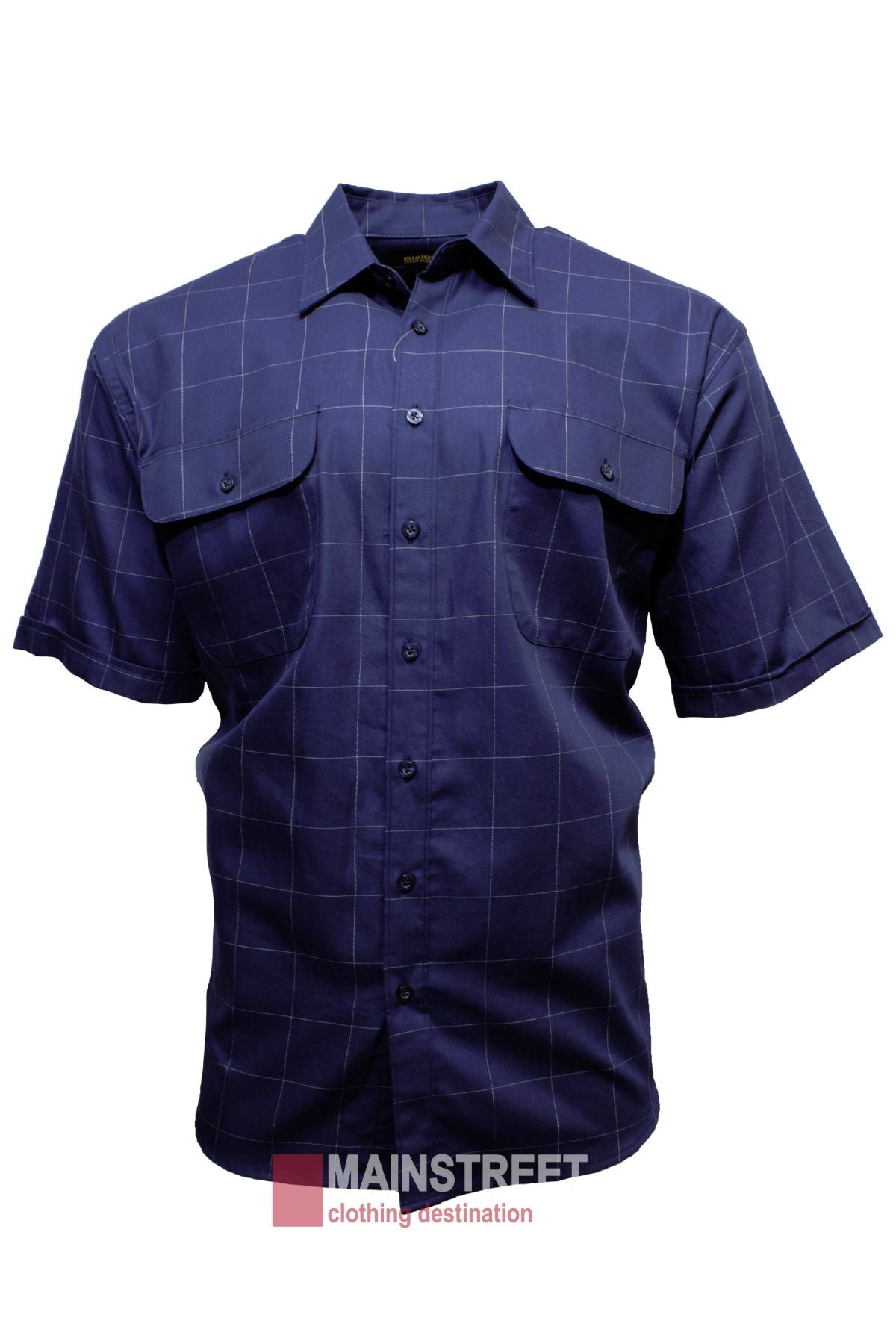 A navy blue Bisley Countryman Short Sleeve Shirt with a checkered pattern. This shirt features a classic collar, button-down front, and two chest pockets with flap closures. The logo "MAINSTREET clothing destination" is visible at the bottom. Made from high-quality cotton for ultimate comfort.