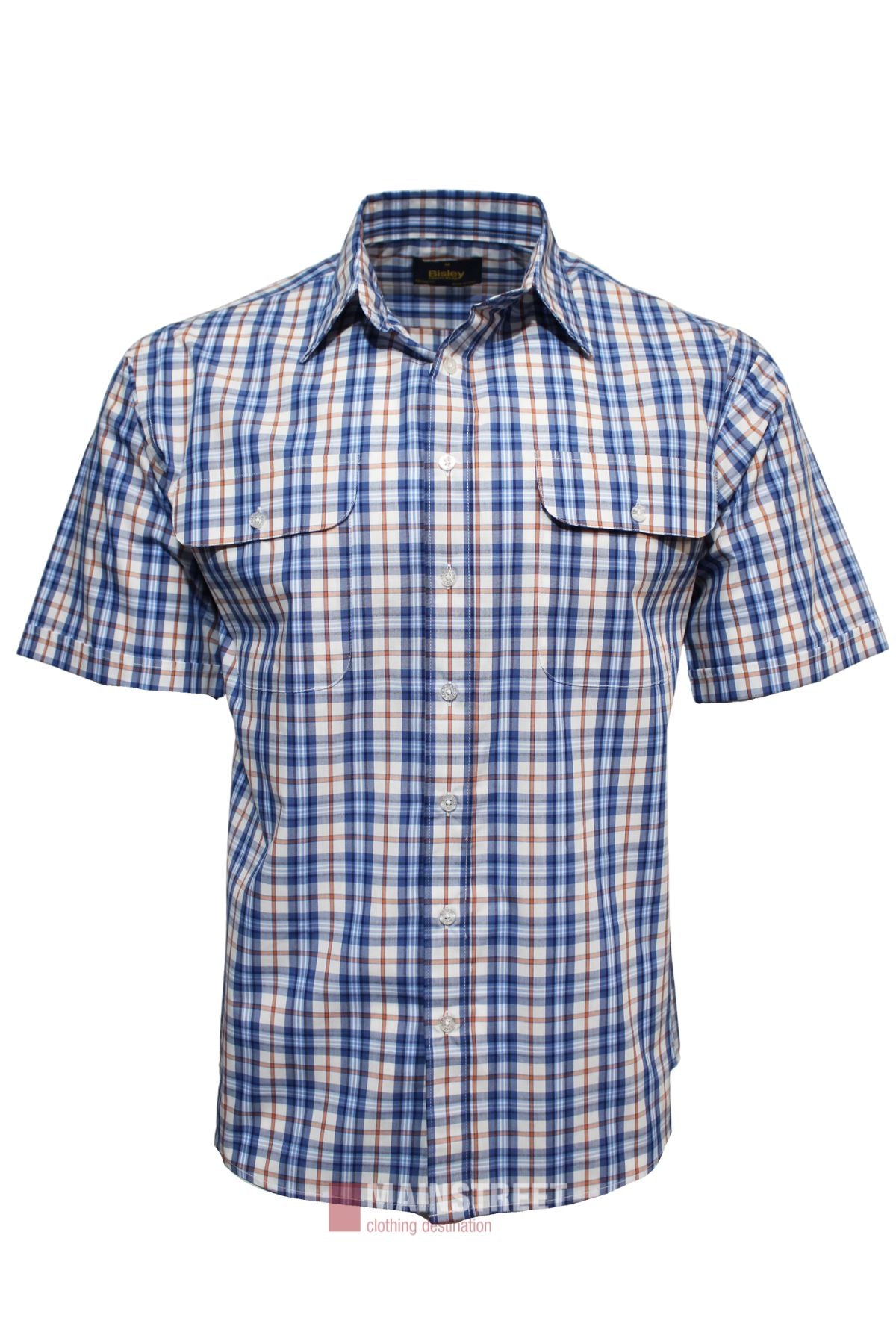 The Bisley Countryman Short Sleeve Shirt is a blue, white, and orange plaid polyester-cotton button-up with two chest pockets with button flaps and a pointed collar.