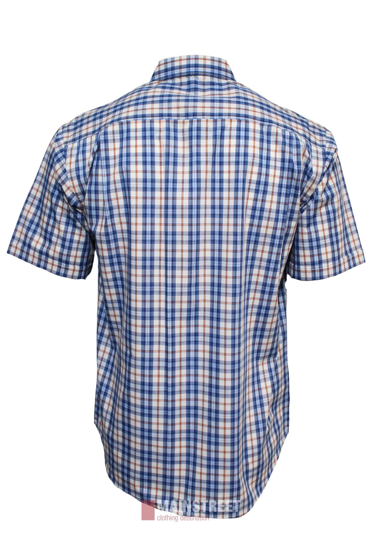 The Bisley Countryman Short Sleeve Shirt features a blue, orange, and white plaid pattern in polyester cotton, short-sleeved with button-up front, shown from the back on a plain white background.