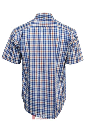 The Bisley Countryman Short Sleeve Shirt features a blue, orange, and white plaid pattern in polyester cotton, short-sleeved with button-up front, shown from the back on a plain white background.