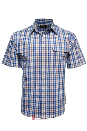 The Bisley Countryman Short Sleeve Shirt is a blue, white, and orange plaid polyester-cotton button-up with two chest pockets with button flaps and a pointed collar.