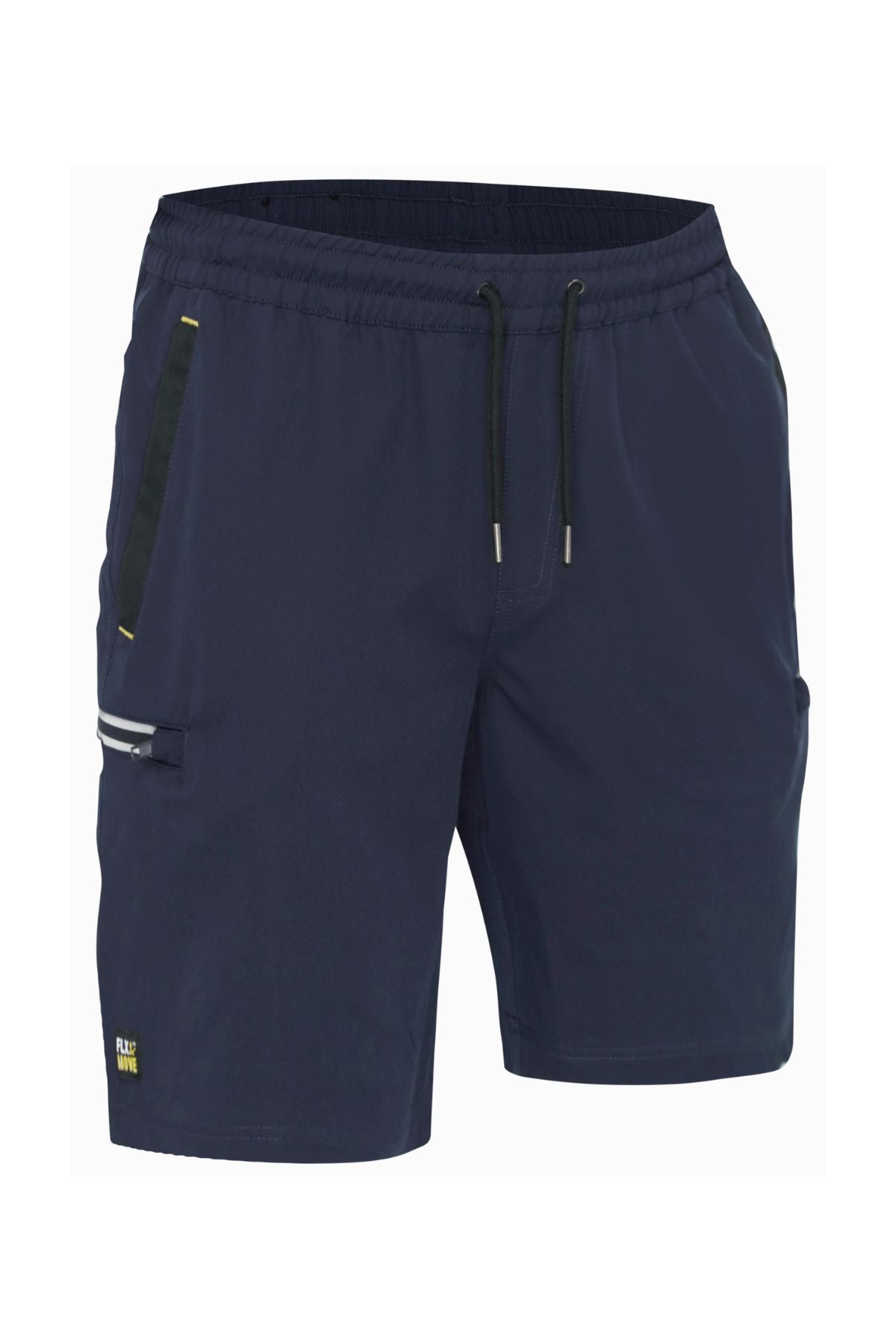 The Bisley Flex & Move 4 Way Stretch Elastic Waist Cargo Short in navy blue provides comfort and flexibility. Designed for active endeavors, these shorts feature 4-way stretch fabric, an elastic waistband with drawstrings, a zippered side pocket adorned with a subtle referee design, and a small logo on the lower left side.