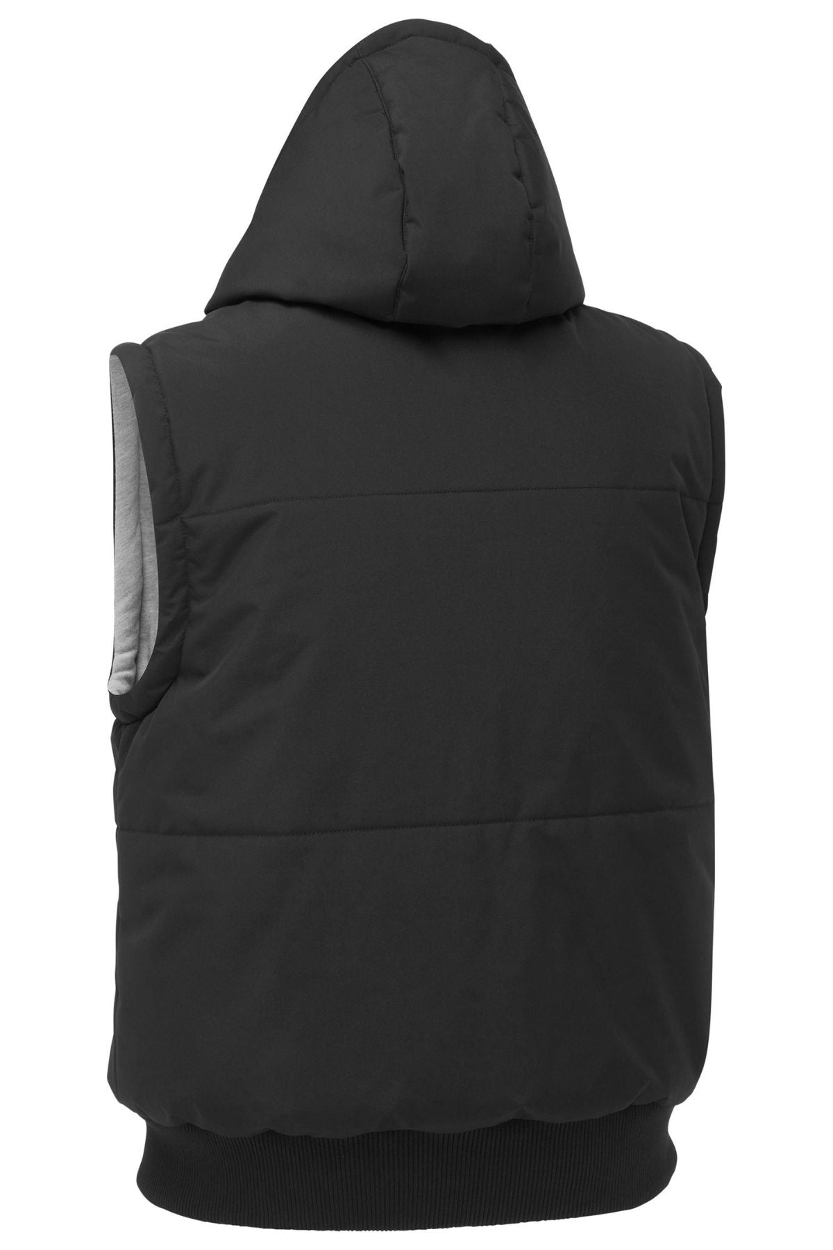 The Bisley Flex & Move Reversible Puffer Vest is pictured from the back, featuring a sleeveless black design, quilted construction, gray inner armhole lining, ribbed waistband, and hood up for a casual insulated style.