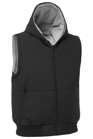 The Bisley Flex & Move Reversible Puffer Vest is black, sleeveless, and hooded with a front zipper, two zippered pockets, and a light gray inner hood lining. This lightweight waterproof work vest is shown facing forward on a white background.