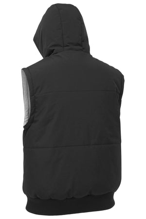 The Bisley Flex & Move Reversible Puffer Vest is displayed from the back. This sleeveless black hooded vest features a lightweight quilted texture, ribbed hem, large hood, and a clean design with no visible logos or patterns.