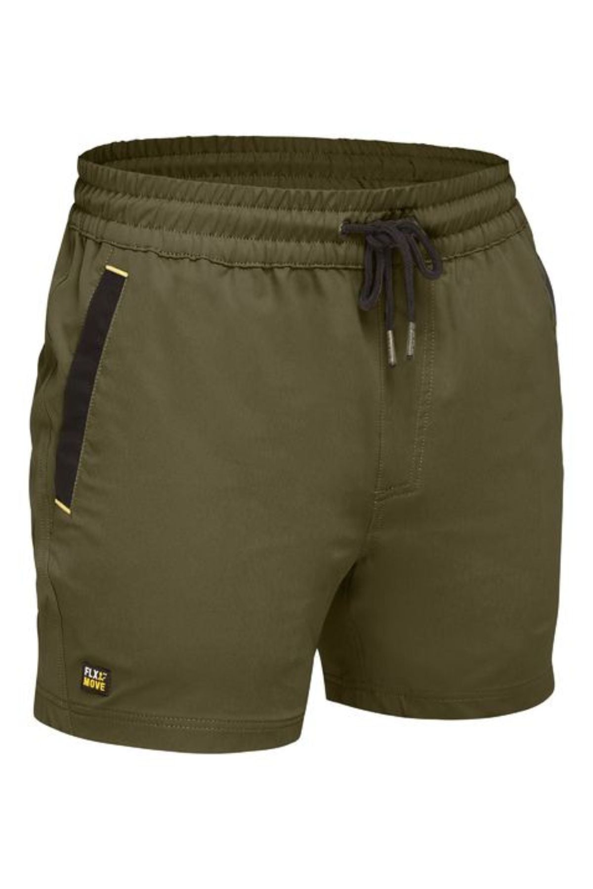 The Bisley Flex & Move 4 Way Stretch Elastic Waist Short in olive green features a black drawstring, black-trimmed side pockets, a small yellow "Rex Move" logo, elastic waistband, relaxed fit, and 4-way stretch for comfort and flexibility.