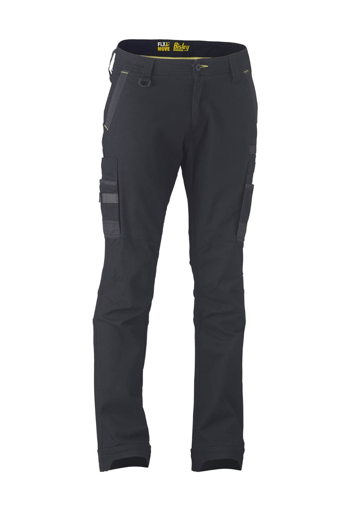 The Bisley Flex & Move Stretch Utility Cargo Pant is designed for durability and functionality in demanding work environments, featuring black fabric with multiple cargo pockets and yellow accents, along with reinforced Cordura knee areas and sturdy belt loops.