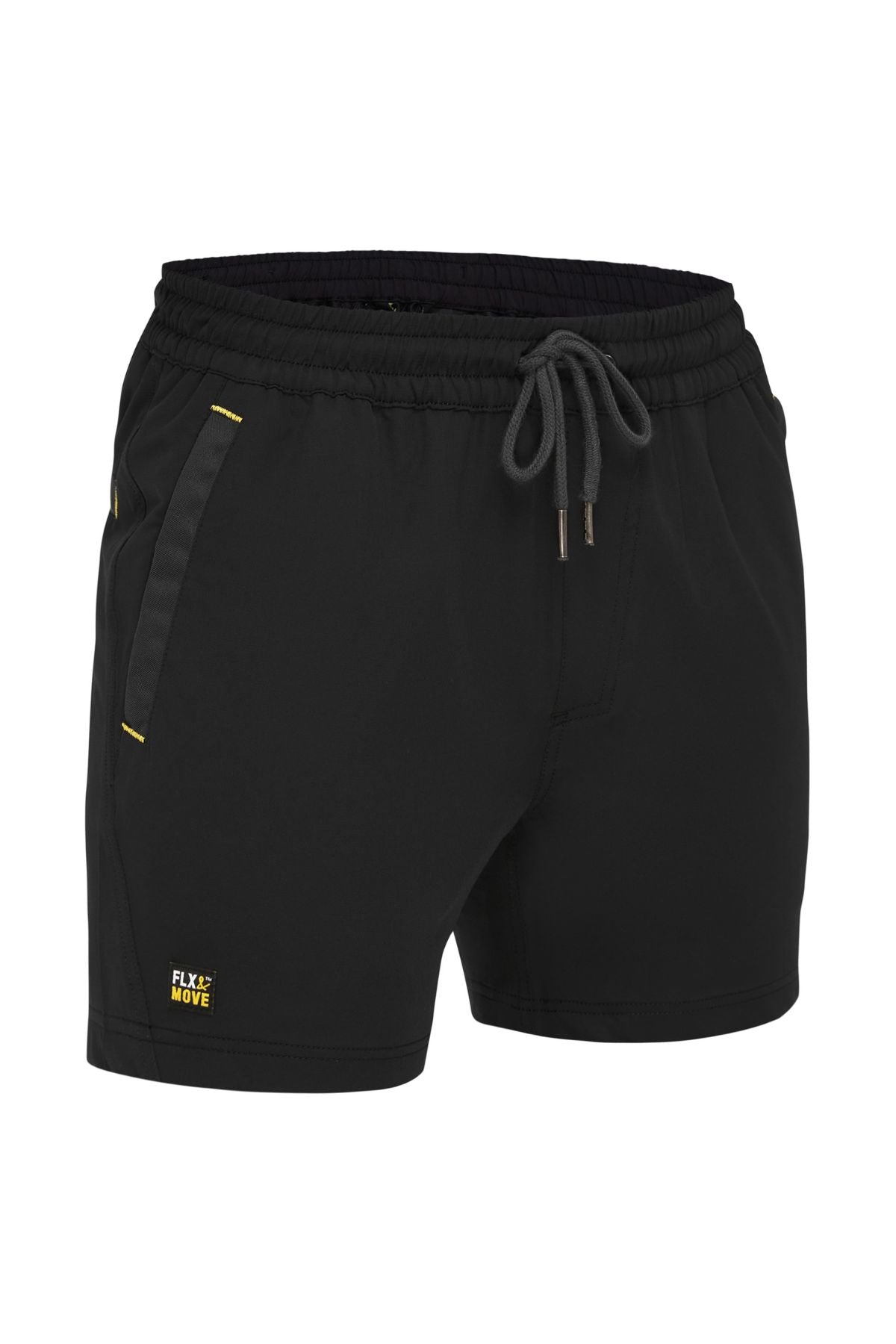 Enjoy unparalleled comfort and durability with our Bisley Flex & Move 4 Way Stretch Elastic Waist Short. These black athletic shorts, designed with a drawstring waistband, side pockets, and yellow accents, feature Cordura durability and 4-way stretch. The "FLX MOVE" logo is prominently displayed on the lower left.