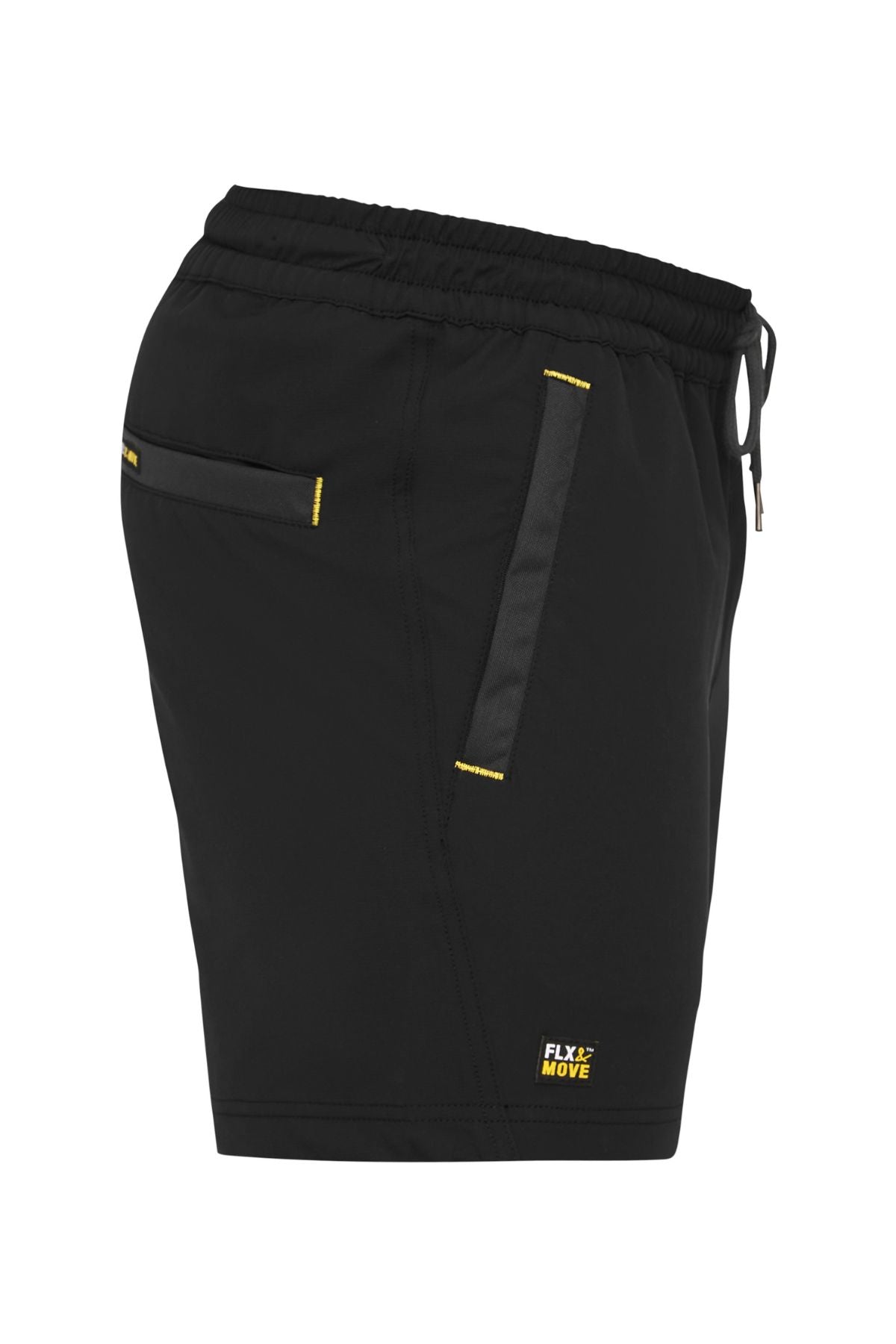 Side view of the Bisley Flex & Move 4 Way Stretch Elastic Waist Short in black with yellow accents. Designed for Cordura durability, these shorts include an elastic waistband, drawstring, and zippered side pockets. The fabric offers 4-way stretch for comfort, highlighted by a small "Fly Move" logo on the hem.