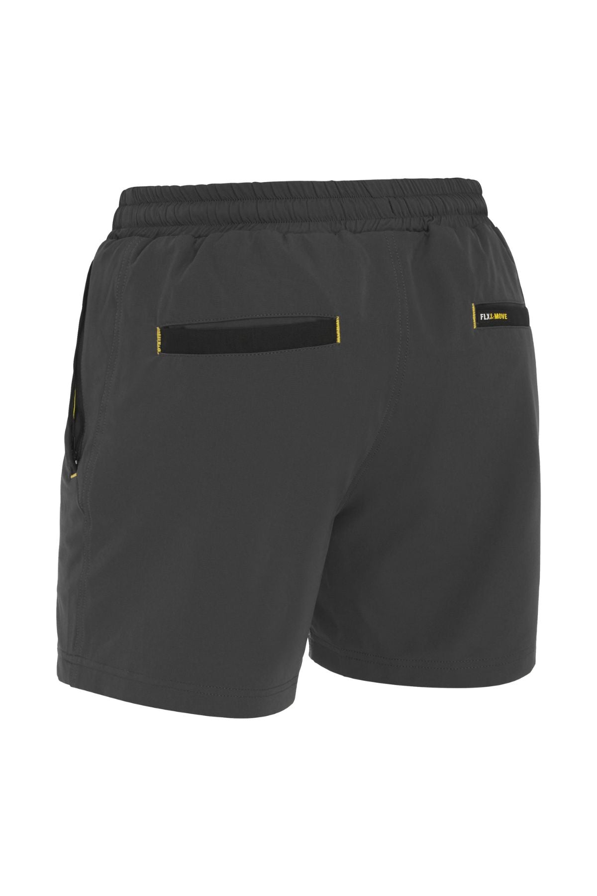 The Bisley Flex & Move 4 Way Stretch Elastic Waist Short in dark gray features a comfortable stretch waistband, has Cordura fabric for added durability, and includes stylish black and yellow accents on the back pockets and side areas. These shorts are designed with 4-way stretch, making them perfect for both sports and casual wear.