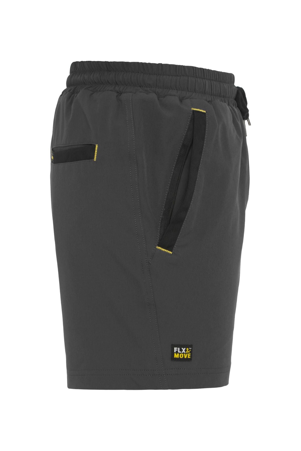 The Bisley Flex & Move 4 Way Stretch Elastic Waist Short features an elastic waistband with a black drawstring. Made from Cordura, these shorts offer 4-way stretch for superior comfort. They include two side pockets and a back pocket highlighted by yellow stitching, along with a small "FLX MOVE" logo on the lower side. The material is lightweight and breathable.
