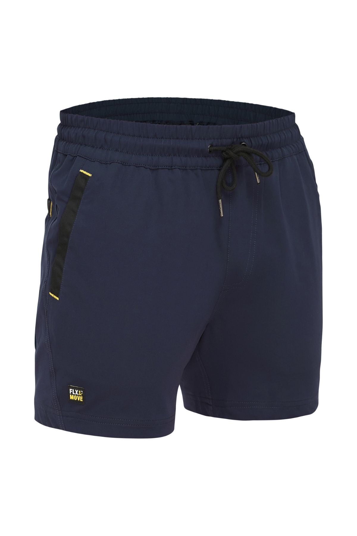 The Bisley Flex & Move 4 Way Stretch Elastic Waist Short in navy blue features an elastic waistband and a black drawstring. These athletic shorts are crafted from 4-way stretch Cordura® fabric and include side pockets with black striped accents, along with a small "Flex Move" logo tag on the left leg.