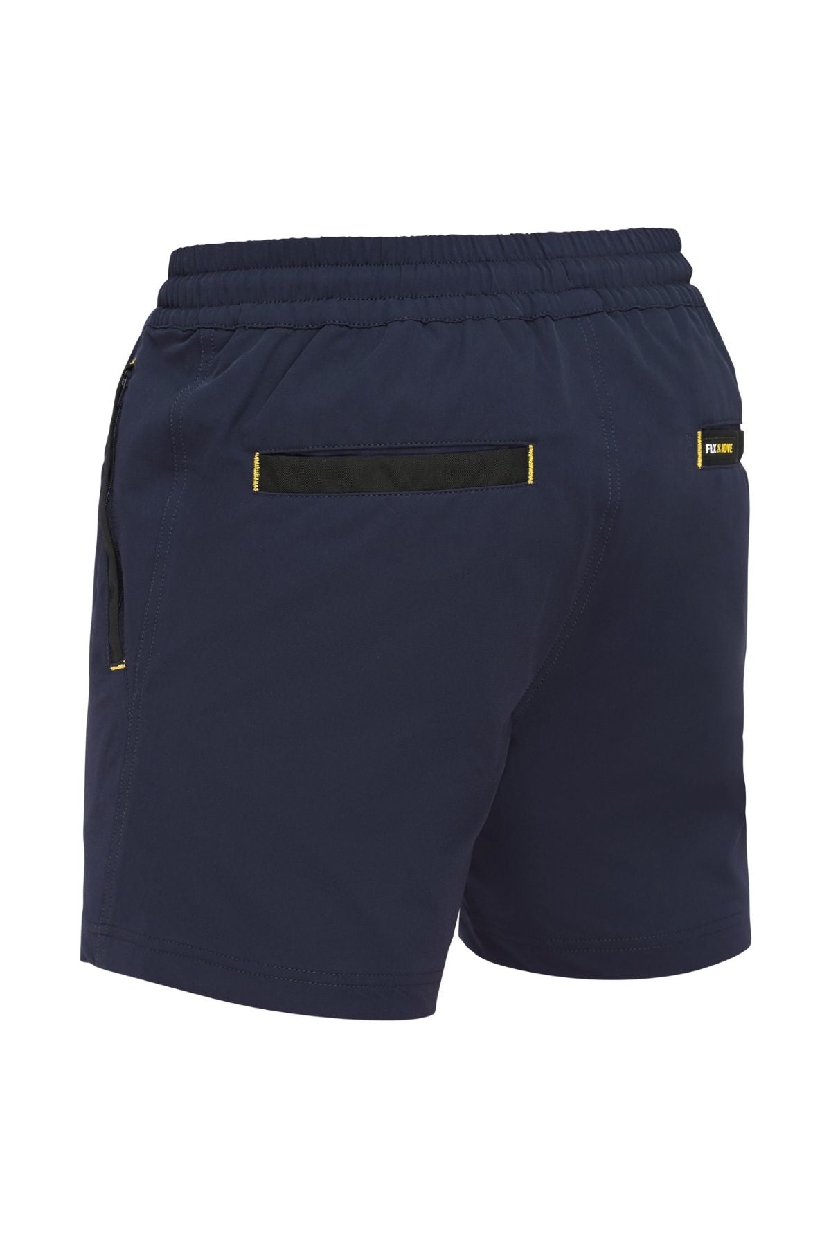 The Bisley Flex & Move 4 Way Stretch Elastic Waist Shorts in navy blue boast black and yellow accents and are crafted from durable Cordura® fabric. Designed for comfort, they include an elastic waistband, a convenient black zipper pocket on the side, and two back pockets with sleek black trim. Perfect for those who want a blend of style and toughness in their activewear.