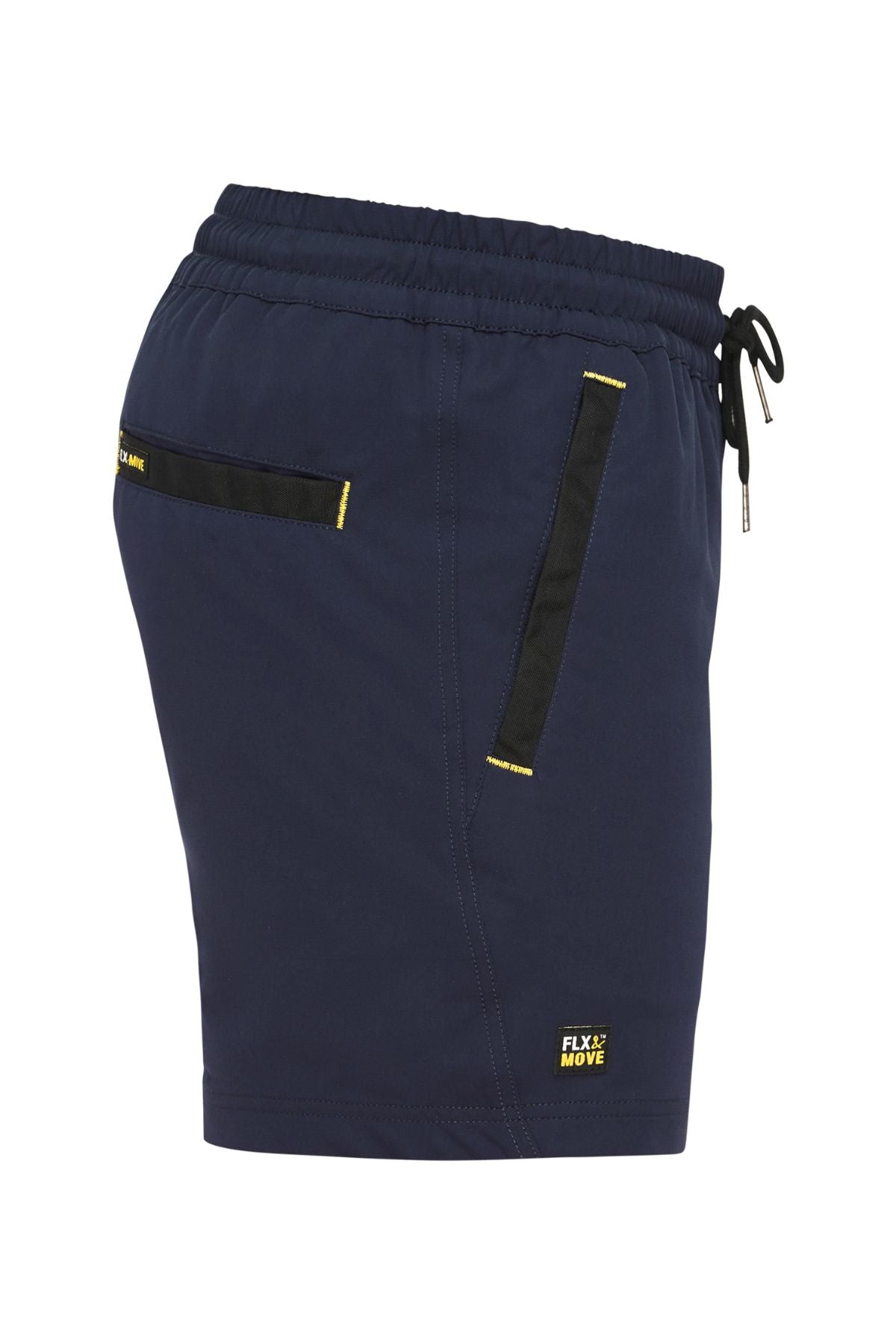 Introducing the Bisley Flex & Move 4 Way Stretch Elastic Waist Short in navy blue, enhanced with black and yellow accents. These shorts are crafted with 4-way stretch Cordura® fabric and come equipped with an elastic waistband, a drawstring for a customizable fit, convenient side pockets, and feature a subtle "FLX MOVE" logo near the hem.