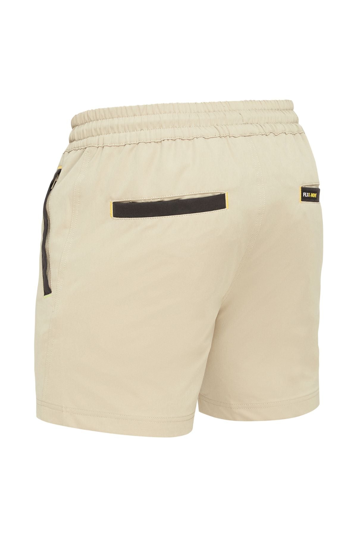 The Bisley Flex & Move 4 Way Stretch Elastic Waist Short in beige is crafted for comfort, featuring a 4-way stretch design. It includes an elastic waistband and side pockets with Cordura® black zipper details. Two back pockets trimmed in black and a small black label with yellow text enhance its stylish functionality.