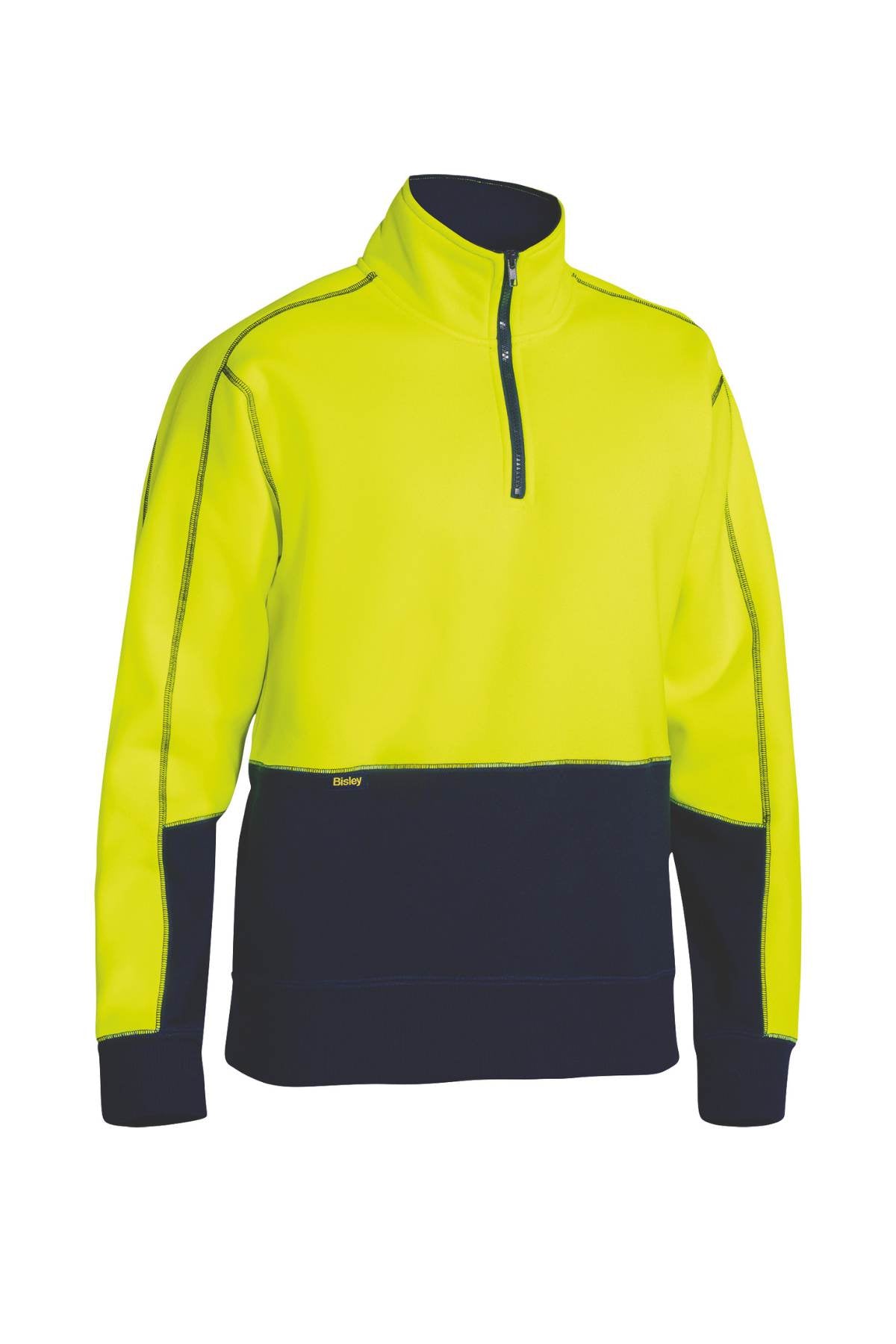 The Bisley Hi Vis 1/4 Zip Pullover Fleece showcases a bright yellow top paired with a dark blue bottom, made from robust polyester fleece. It features a quarter-zip front, long sleeves with dark blue cuffs, and is enhanced by dark blue accent stitching along the seams for a fashionable touch.
